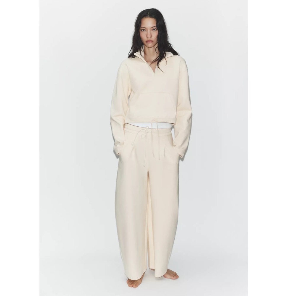 Zara Interlock Polo Sweatshirt & Balloon Pants Set Butter Cream Small 3641/390